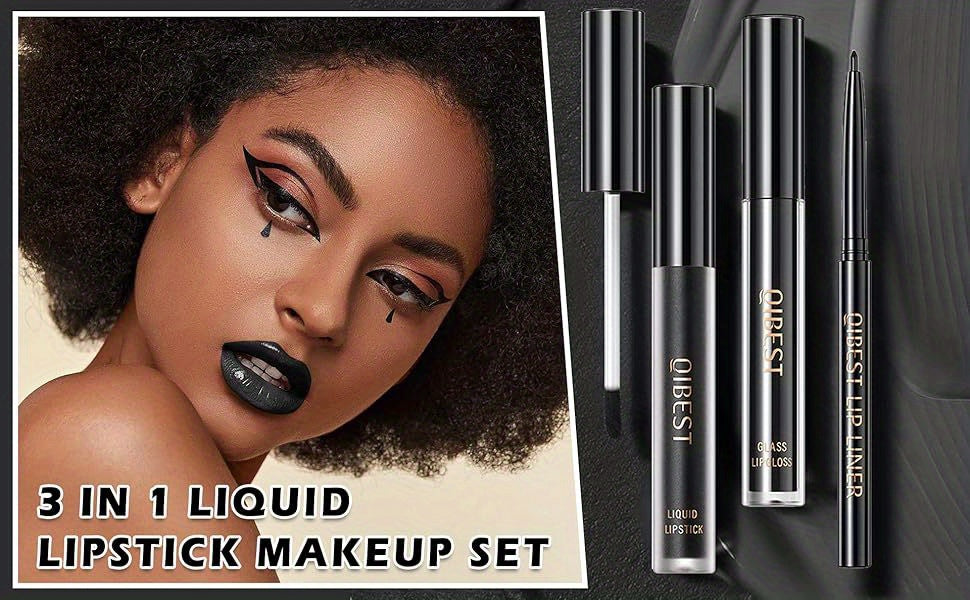 3pcs Black Lip Liner And Lipstick Set Liquid Matte Lipstick Velvet Charming Long-Lasting Waterproof Lip Gloss Makeup Kit for Halloween Goth Face Body Paint Cosplay Party Accessories Dress Up
