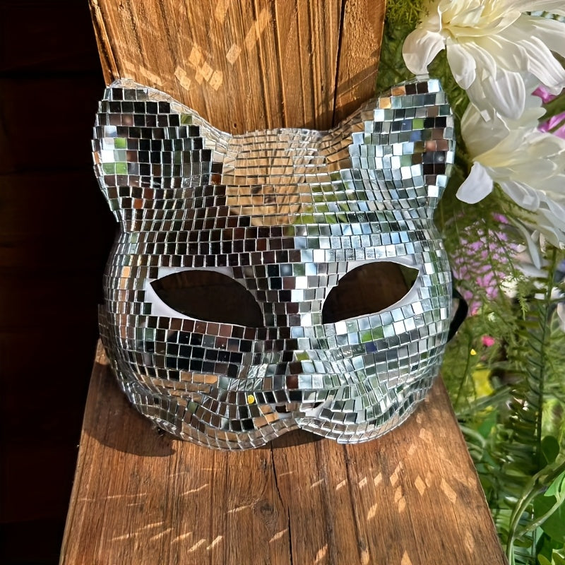1 Cat Face Mask - Disco Reflective Mask - Elegant, Stylish Mosaic Mirror Mask - Shiny - Nightclub Costume Party Masquerade - Unisex Halloween Mask