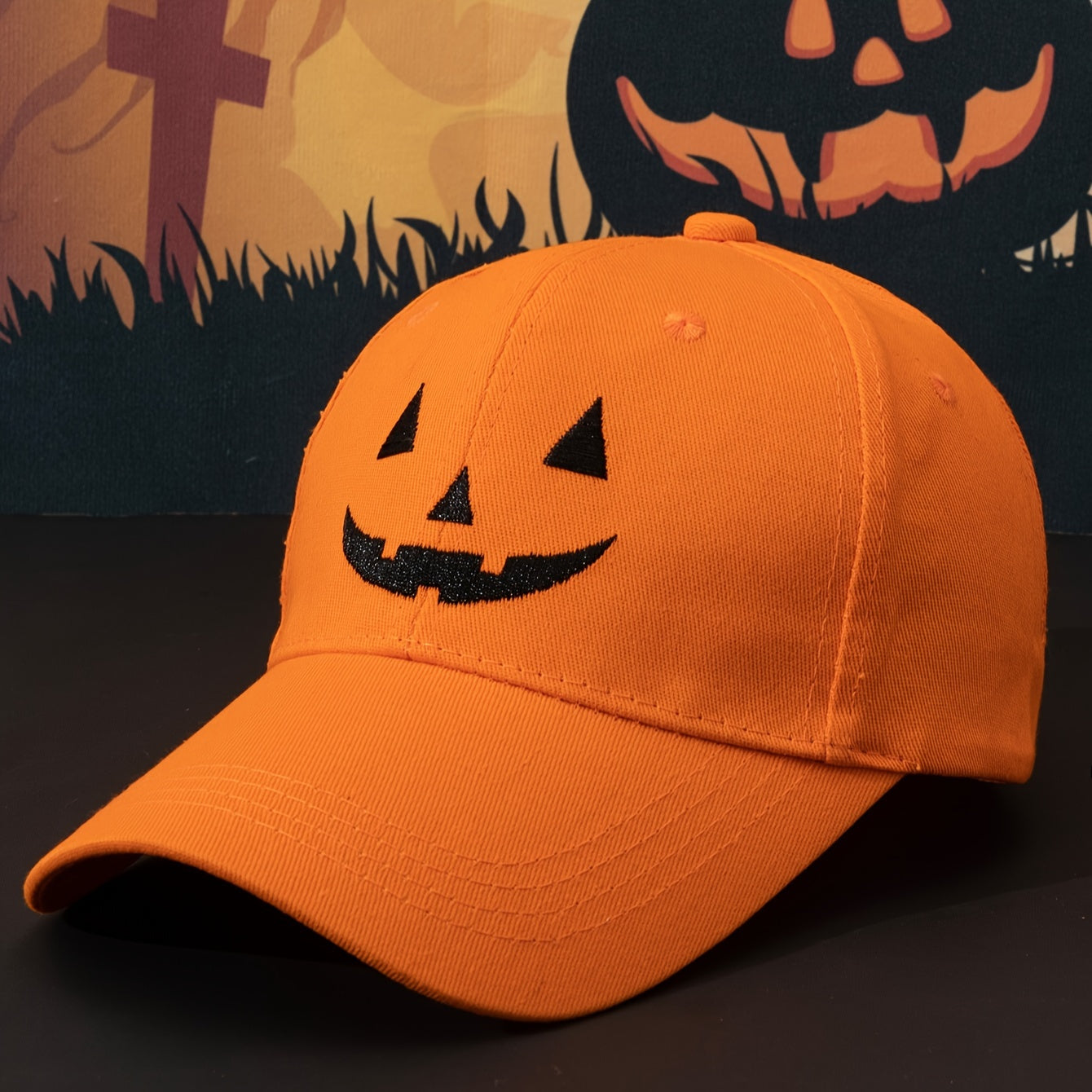 One Pumpkin Color, Black Contrast Color joyful Face, Embroidery Party Street Style Baseball Cap, Halloween Role Playing Wear, Men's and Women's Casual Dad Hat