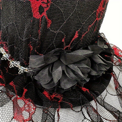 [Halloween Skull Lace Top Hat] Halloween Skull Lace Top Hat with Black Mesh Veil - Perfect for Costume Parties, Festivals, Christmas Events & Party Supplies