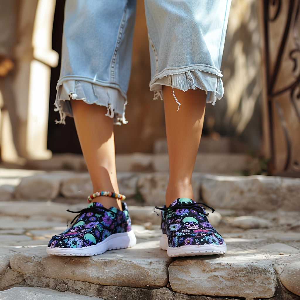 Women's Skull & Floral Print Slip-On Loafers - Lightweight Casual Shoes with Round Toe, Easy On/Off Design, Breathable Fabric & EVA Sole for All-Season Wear, Skull Shoes, Leisure Footwear, Unique Pattern Footwear, Flexible Fo