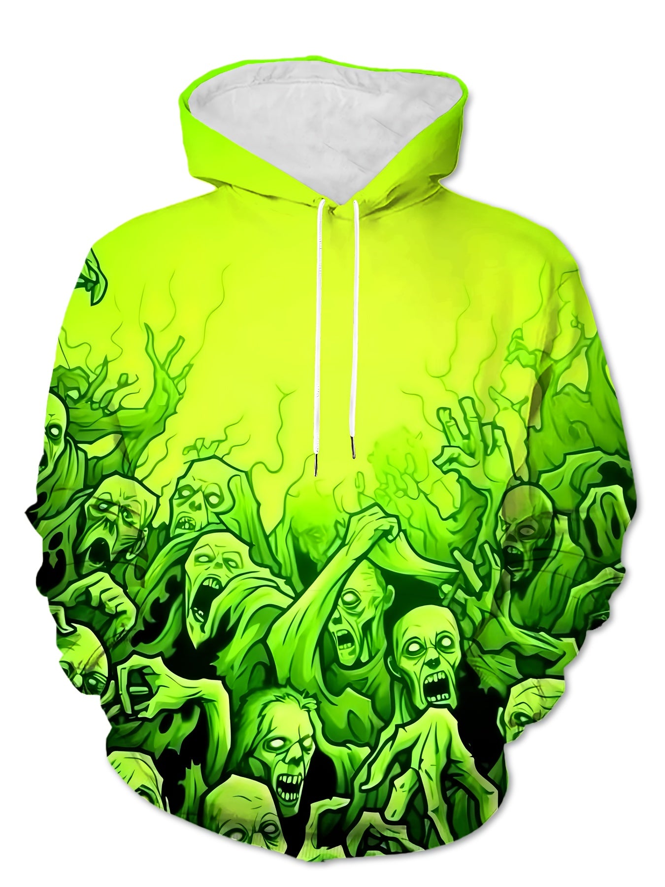 Men'S Y2K Dark Punk Skull Graphic Hoodie - Vibrant Green 3D Print, Elastic Knit Fabric, Drawstring Pocket, Regular Fit for Gym, Outdoor & Casual Wear, Autumn Winter Essential, Gym Apparel | Skull Print Hoodie | Stretchy Knit