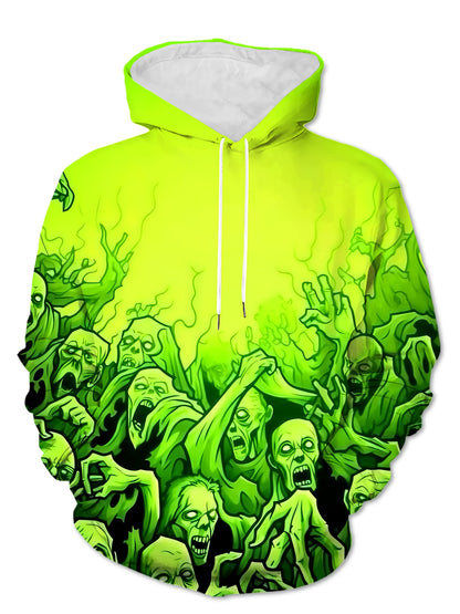 Men'S Y2K Dark Punk Skull Graphic Hoodie - Vibrant Green 3D Print, Elastic Knit Fabric, Drawstring Pocket, Regular Fit for Gym, Outdoor & Casual Wear, Autumn Winter Essential, Gym Apparel | Skull Print Hoodie | Stretchy Knit