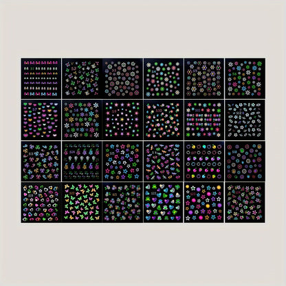 24 Sheets 3D Glow in The Dark Neon Nail Stickers Glittery Glossy Self-Adhesive Nail Art Stickers Butterfly Love Heart Flower Nail Art Decoration for Women Girl DIY Nail Art Deco