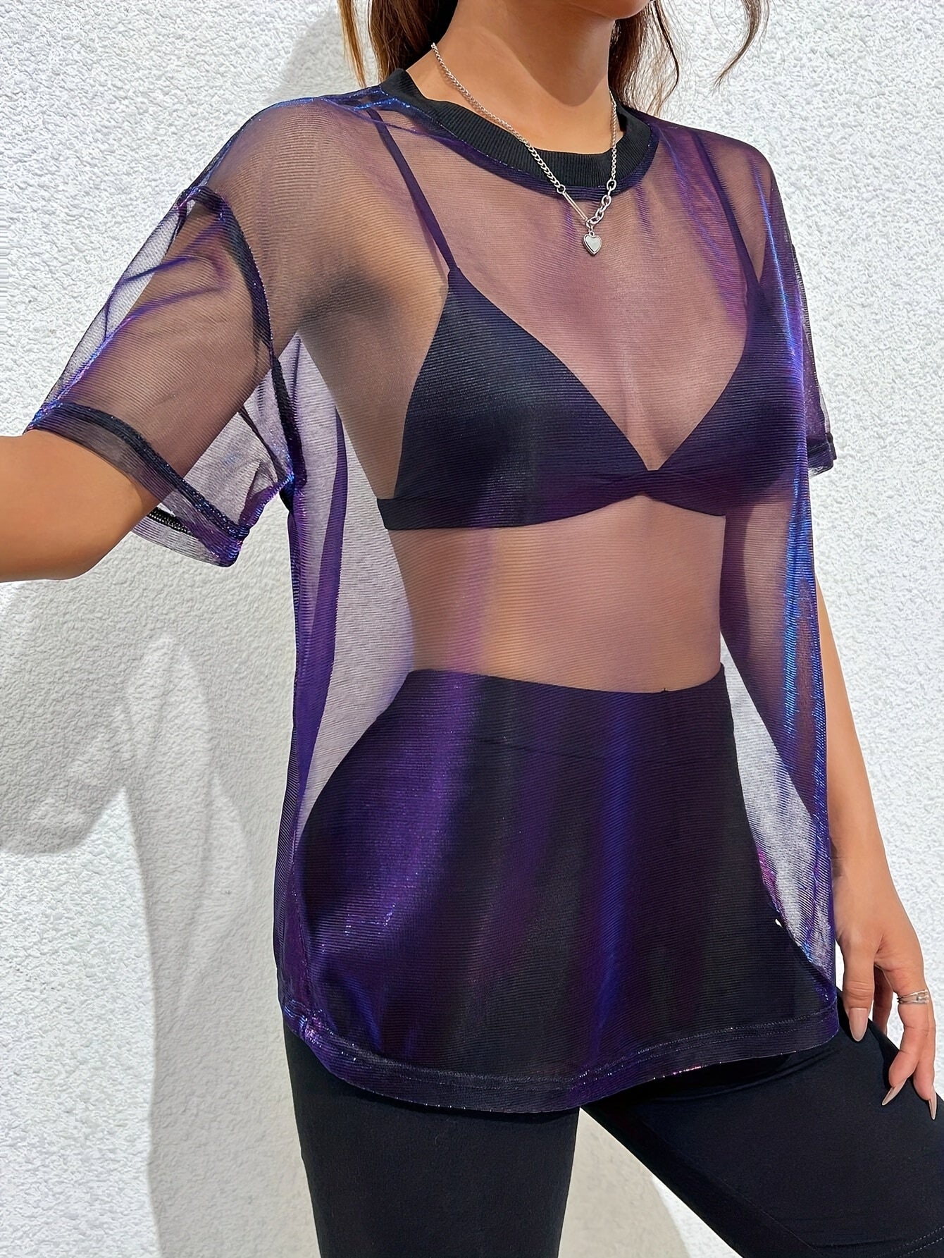 Women's Gradient Color Mesh Panel Summer T-Shirt - Elegant Loose Fit Round Neck Semi-Sheer Top for Casual & Evening Wear, Breathable Spring/Summer Fashion, Summer T Shirts, Spring Fashion, Stylish Semisheer, Elegant Mesh Desi