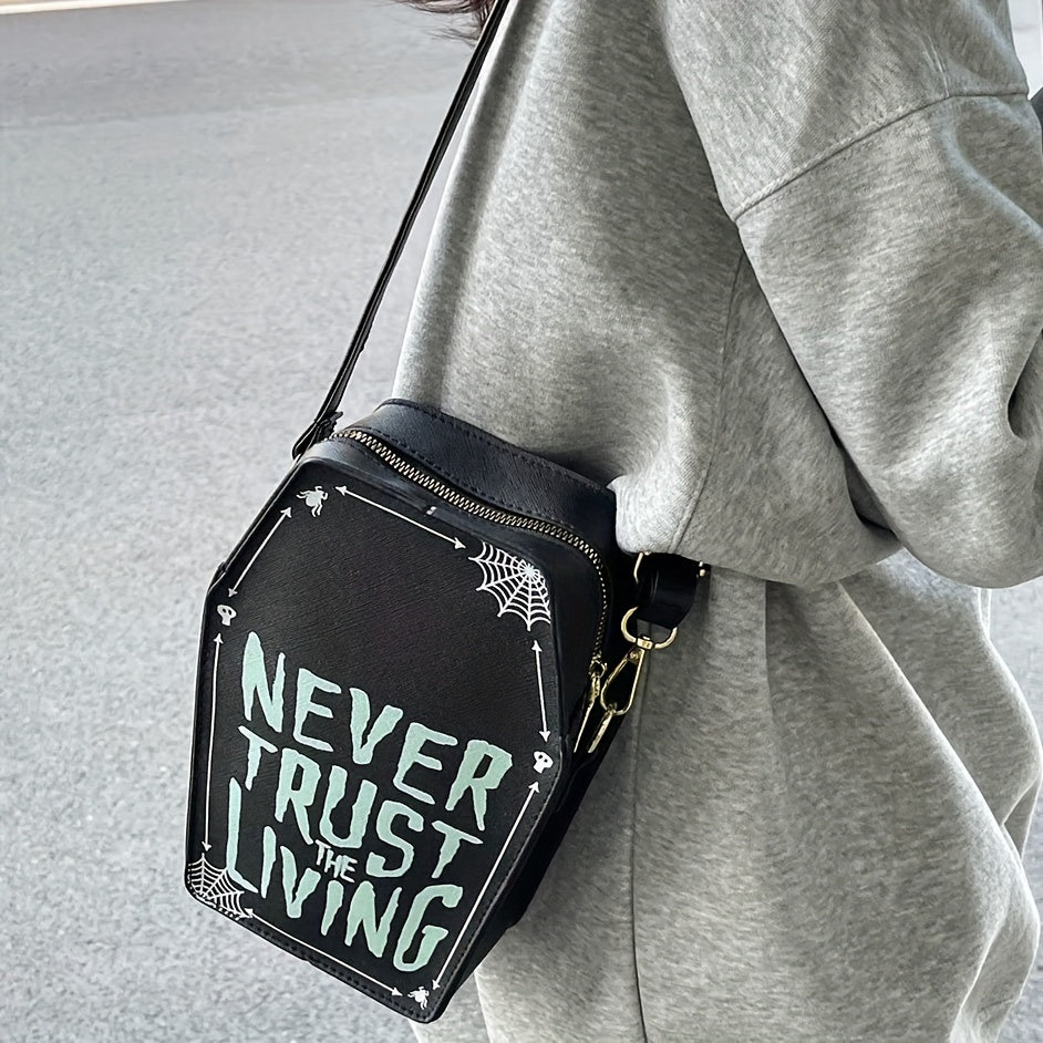 1pc Halloween Coffin-Shaped Fashion Shoulder Bag for Women, Sexy Gothic Faux Leather Crossbody Purse with "Never Trust The Living" Print, Zip Closure, Polyester Lining, and Edge Detailing