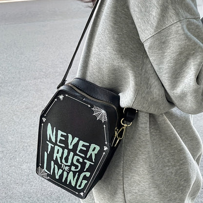 1pc Halloween Coffin-Shaped Fashion Shoulder Bag for Women, Sexy Gothic Faux Leather Crossbody Purse with "Never Trust The Living" Print, Zip Closure, Polyester Lining, and Edge Detailing