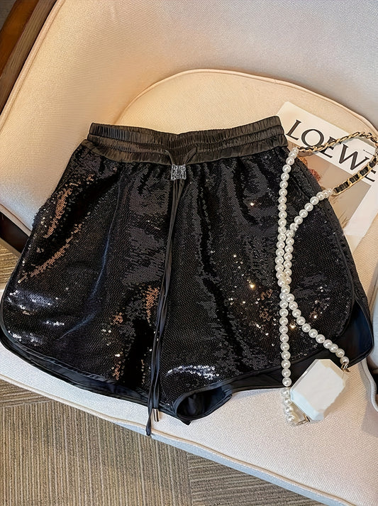 Women's Black Sequin Shorts with Elastic Drawstring Waist - Summer Sparkle Shorts for Casual & Formal Occasions, Non-Stretch Fabric, Hand Wash/Dry Clean