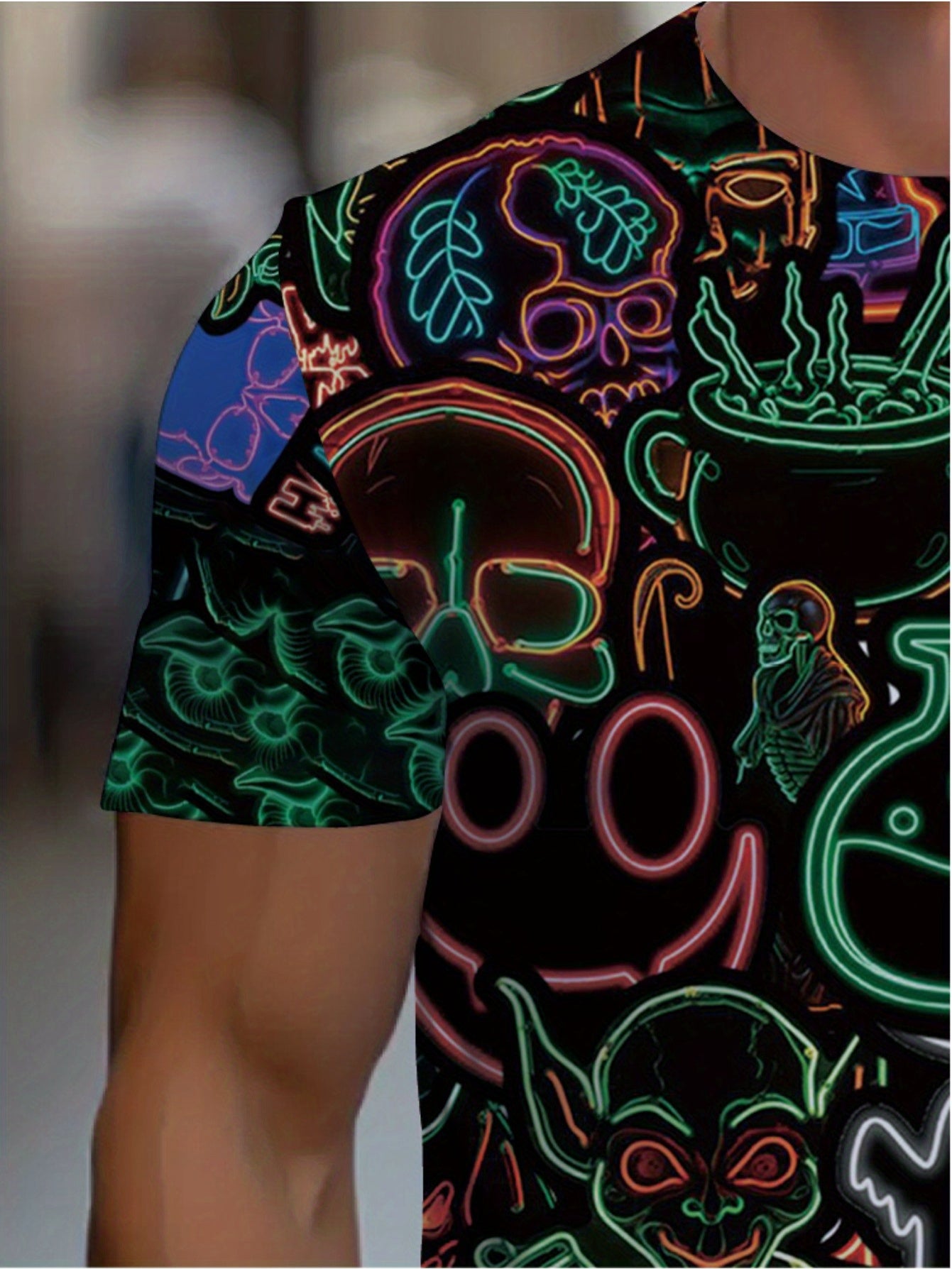 Men's Neon Glow-in-the-Dark Halloween Party T-Shirt - Spooky Ghosts, Bats, Pumpkins & Witches Hats Design - Durable Round Neck Tee for Bars, Clubs & Costume Events - Machine Washable Casual Festive Outfit, Bar And Wear, Holid