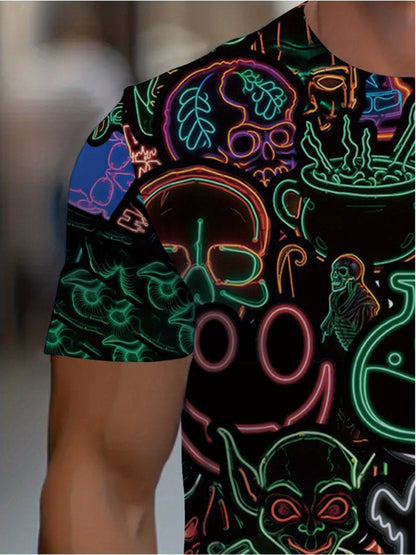 Men's Neon Glow-in-the-Dark Halloween Party T-Shirt - Spooky Ghosts, Bats, Pumpkins & Witches Hats Design - Durable Round Neck Tee for Bars, Clubs & Costume Events - Machine Washable Casual Festive Outfit, Bar And Wear, Holid