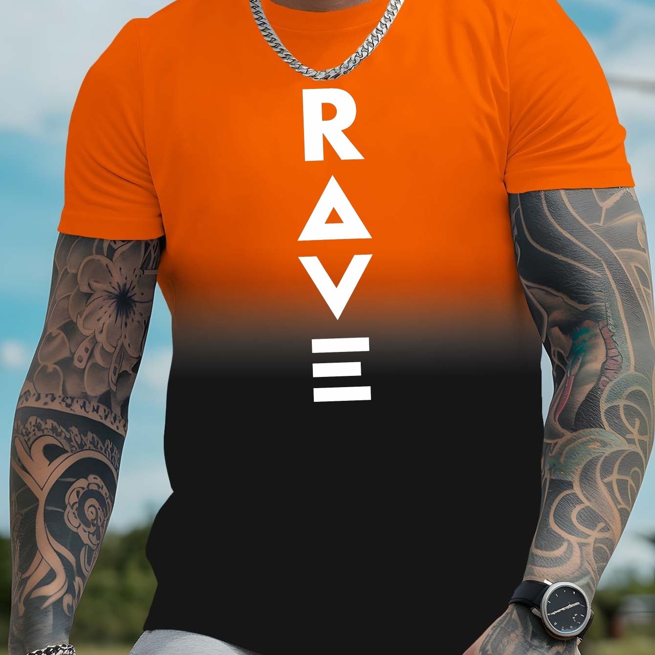 Men's Gradient Rave Graphic T-Shirt - Ice Silky Breathable, Quick-Dry, Round Neck, Short Sleeve, Casual Summer Tee in Vibrant Orange to Black Ombre Design