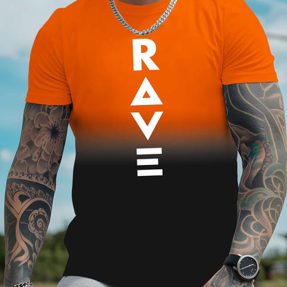 Men's Gradient Rave Graphic T-Shirt - Ice Silky Breathable, Quick-Dry, Round Neck, Short Sleeve, Casual Summer Tee in Vibrant Orange to Black Ombre Design