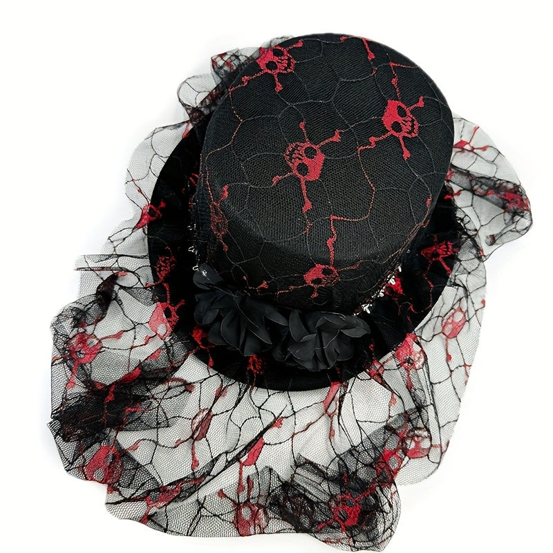 [Halloween Skull Lace Top Hat] Halloween Skull Lace Top Hat with Black Mesh Veil - Perfect for Costume Parties, Festivals, Christmas Events & Party Supplies