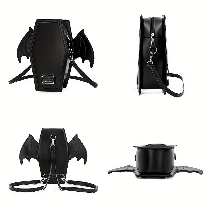 Black Punk Style Bat Wing Backpack - Adjustable Straps, Zipper Closure,, Gothic Coffin Design for Halloween, Parties & Casual Use