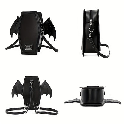 Black Punk Style Bat Wing Backpack - Adjustable Straps, Zipper Closure,, Gothic Coffin Design for Halloween, Parties & Casual Use