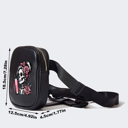 Gothic Skull Print Adjustable Waist Bag - Lightweight Foldable Nylon Sports Pack for Running Cycling Fitness, Black with Pink Roses & Straws Design, Multi-Functional Phone Storage Mini Leg Pack, Cycling Storage Bag | Edgy Fas