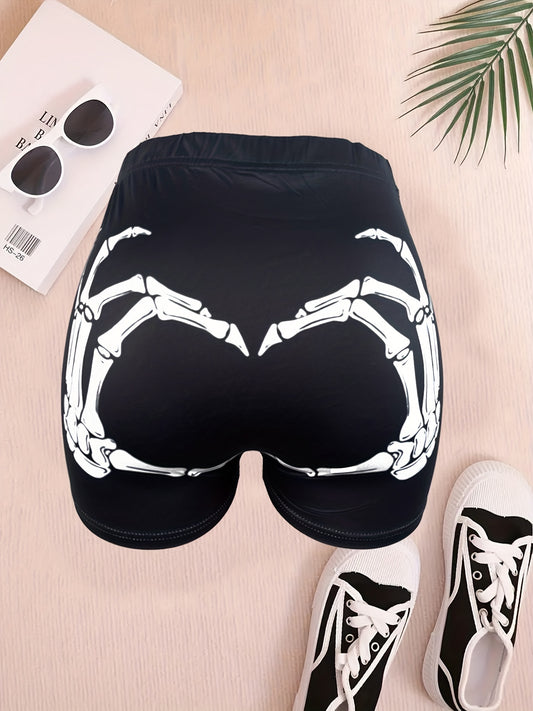 Skeleton Finger Print Skinny Shorts, Casual Shorts For Spring & Summer, Women's Clothing