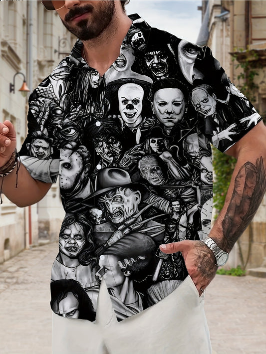 Men's Casual Short Sleeve Novelty Collar Shirt with Geometric Horror Character Print - Machine Washable Regular Fit Black & White Graphic Top for Casual Attire, Detailed Prints, Comfortable Fabric