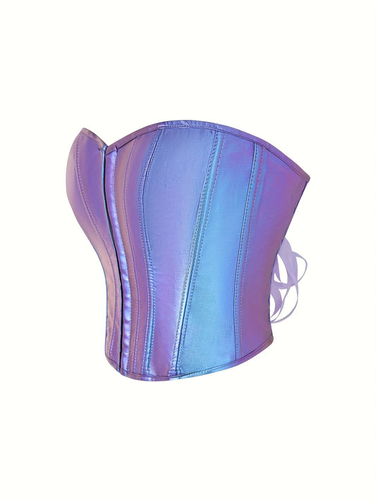 Gradient Purple to Blue Iridescent Corset Top - Lace-Up Back, Push-Up Shapewear for Women, Glossy Finish, Polyester & Elastane Blend, Hand Wash Only, Formfitting Shapewear | Laceup Closure | Smooth Texture