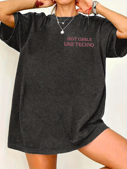 Women's TECHNO Graphic Tee - Lightweight Breathable T-Shirt with Front & Back Pink Slogan Print - Machine Washable Clubbing Shirt for DJs, raves, techno Parties - All-Season Casual Top, Rave Outfit, Bold Statement Design, Com