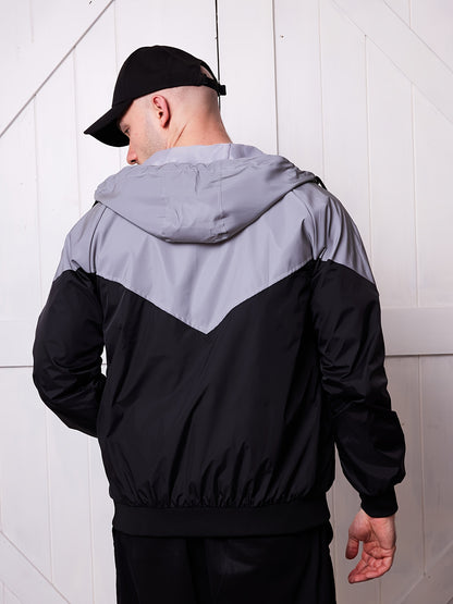 Men's Reflective Windproof Hooded Jacket - Stylish Black & White Gradient Design, Soft Shell for Spring/Fall Sports, Casual Loose Fit with Pockets, Windbreaker Jacket