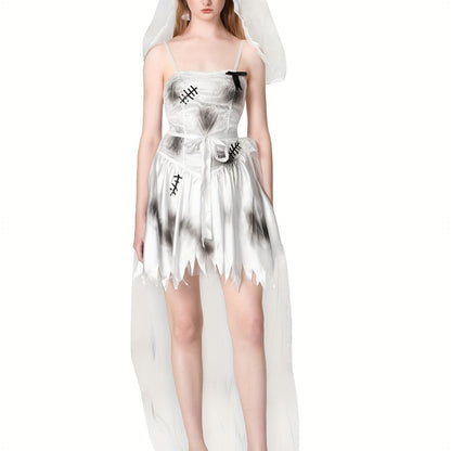 Women'S Corpse Bride Costume - Gothic Zombie Bride Dress with Headband, Off-the-Shoulder Wedding gown, for Halloween, Horror Parties, Themed Events - Spooky Bride Outfit, Halloween Attire, Eerie Fashion, Mesh Detailing, Cospl