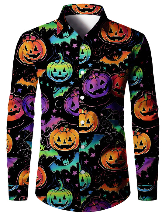[Festive Halloween Shirt] Polyester Men's Festive Long Sleeve Shirt - Vibrant Halloween-Themed Pumpkin & Bat Print, Button-Up with Chest Pocket, Ideal for Fall/Winter Celebrations, Halloween Decorations