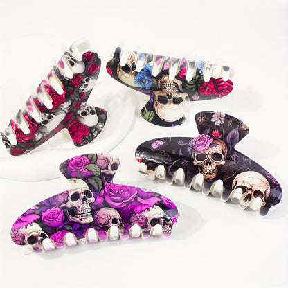 [Stylish Skull Hair Clips] 2pcs Stylish Women's Halloween Skull Hair Clips | Semi-High Back Scrunchies, Resin Shark Clips, Non-Slip Strong Fashionable Hair Accessories, Suitable for Festivals, Parties, Daily Use and Gifts