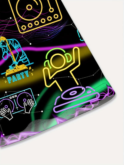 Men's Casual Short Sleeve Hawaiian Shirt - Neon Music Party Graphic T-Shirt with DJ Turntable & Music Note Print, Vibrant Polyester Fabric for Summer Vacation, Club Nights & Casual Outings, Hawaiian Theme Party, Retro Graphic