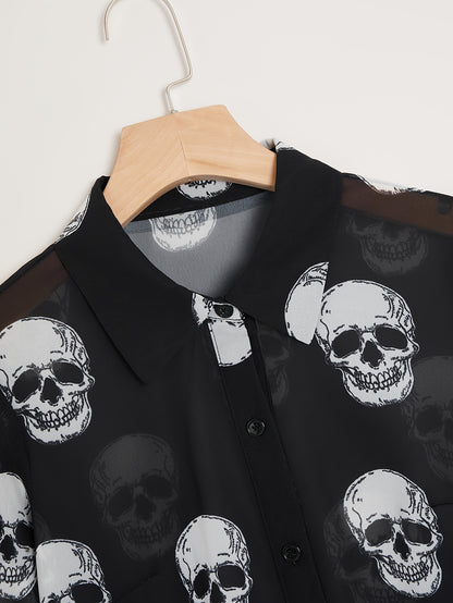 Women'S Elegant Halloween Skull Print Shirt, 100% Polyester Linen Blend, All-Season Lapel Collar, Woven Fabric, 180gsm - Adult Fashion Top