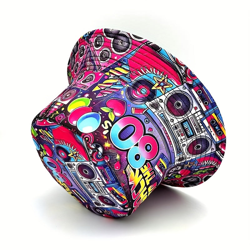 1pc "Back to the 80s" Retro Hip-Hop Bucket Hat - Vibrant Neon & Retro Graphic Design, Lightweight Polyester, Machine Washable, Perfect for Parties, Outdoor Events, and Gifts, Outdoor Headwear | Retro Hip Hop Style | Durable H