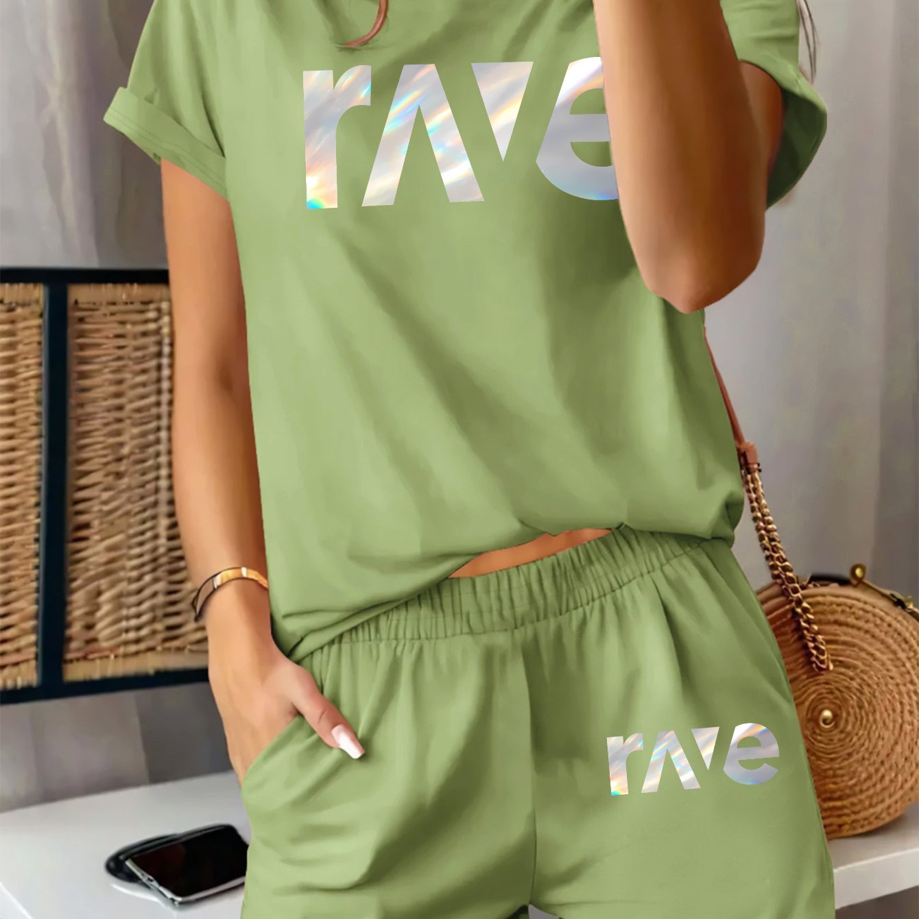 2pcs Women'S Casual Summer Outfit - Rave Graphic Print T-Shirt & Shorts Set, Light Green Polyester Blend, Round Neck, Short Sleeve, High-Waisted Shorts with Drawstring, Perfect for Casual Attire, High Waisted Shorts