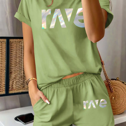 2pcs Women'S Casual Summer Outfit - Rave Graphic Print T-Shirt & Shorts Set, Light Green Polyester Blend, Round Neck, Short Sleeve, High-Waisted Shorts with Drawstring, Perfect for Casual Attire, High Waisted Shorts