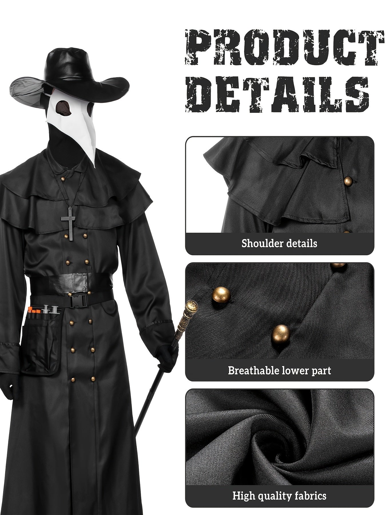 Adult Men'S Steampunk Plague Doctor Costume - Halloween Medieval Monk Priest Renaissance Party Outfit with Cape, Robe, Mask, and Accessories - Polyester 100% Solid Color with Stand Collar and Belt - Regular Fit Woven Fabric 1