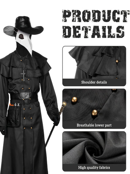 Adult Men'S Steampunk Plague Doctor Costume - Halloween Medieval Monk Priest Renaissance Party Outfit with Cape, Robe, Mask, and Accessories - Polyester 100% Solid Color with Stand Collar and Belt - Regular Fit Woven Fabric 1