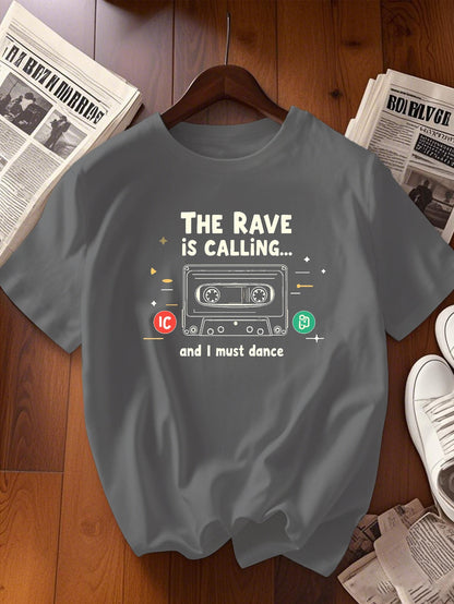 Women's Black Retro Rave Cassette & Dance Icons Graphic T-Shirt - "The Rave is Calling" Short Sleeve Crew Neck Top, Medium Stretch Casual Tee for Summer & Spring, Machine Washable, Rave Accessories, Spring Fashion Top, Playfu