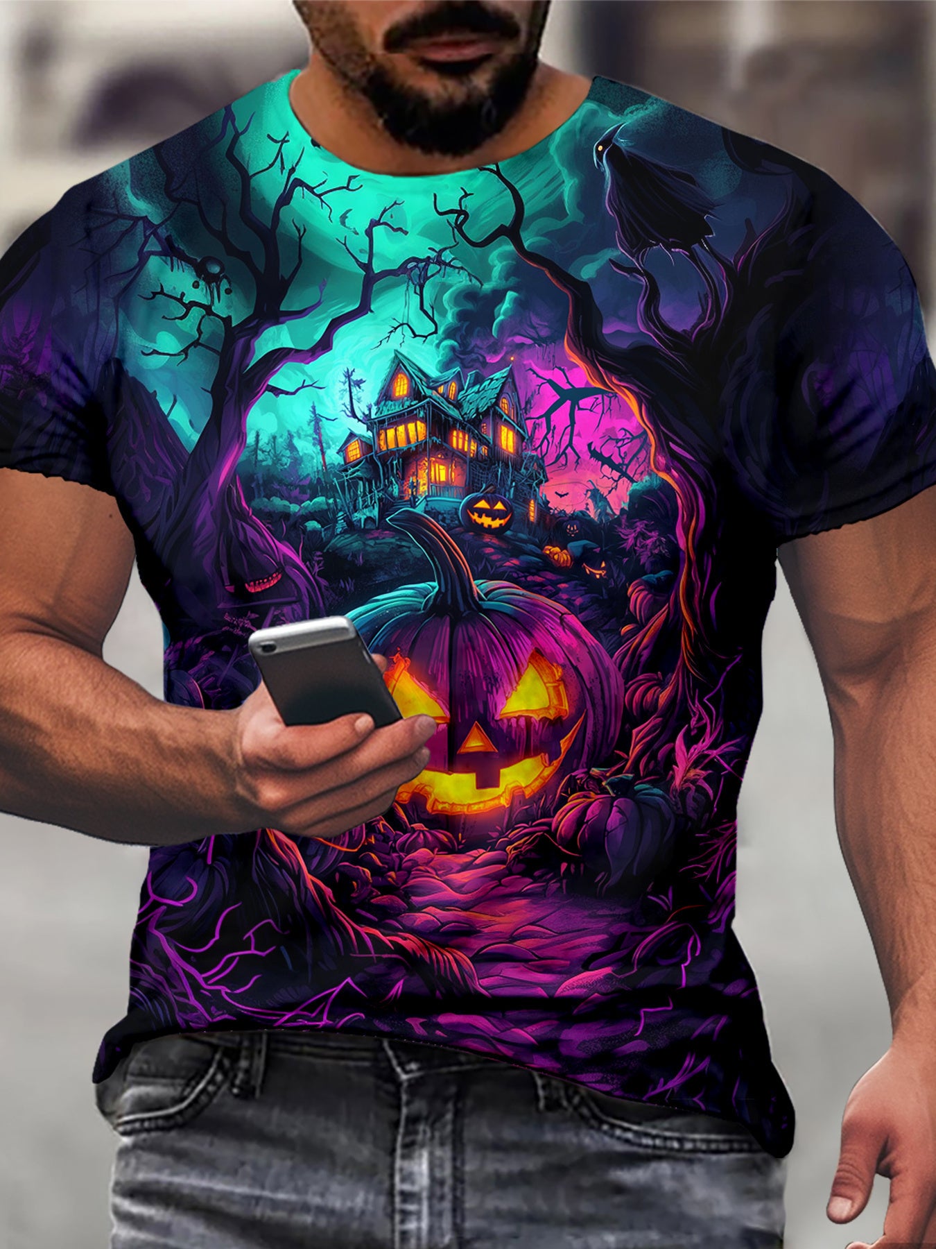 [Halloween Tee] Lightweight Breathable Halloween Tee - Men's Plus Size Big & Tall Friendly T-Shirt with Jack-O'-Lantern, Pumpkin, Haunted House Graphic - Purple, Green, Orange, Black Spooky Colors - Machine Washable Costume T