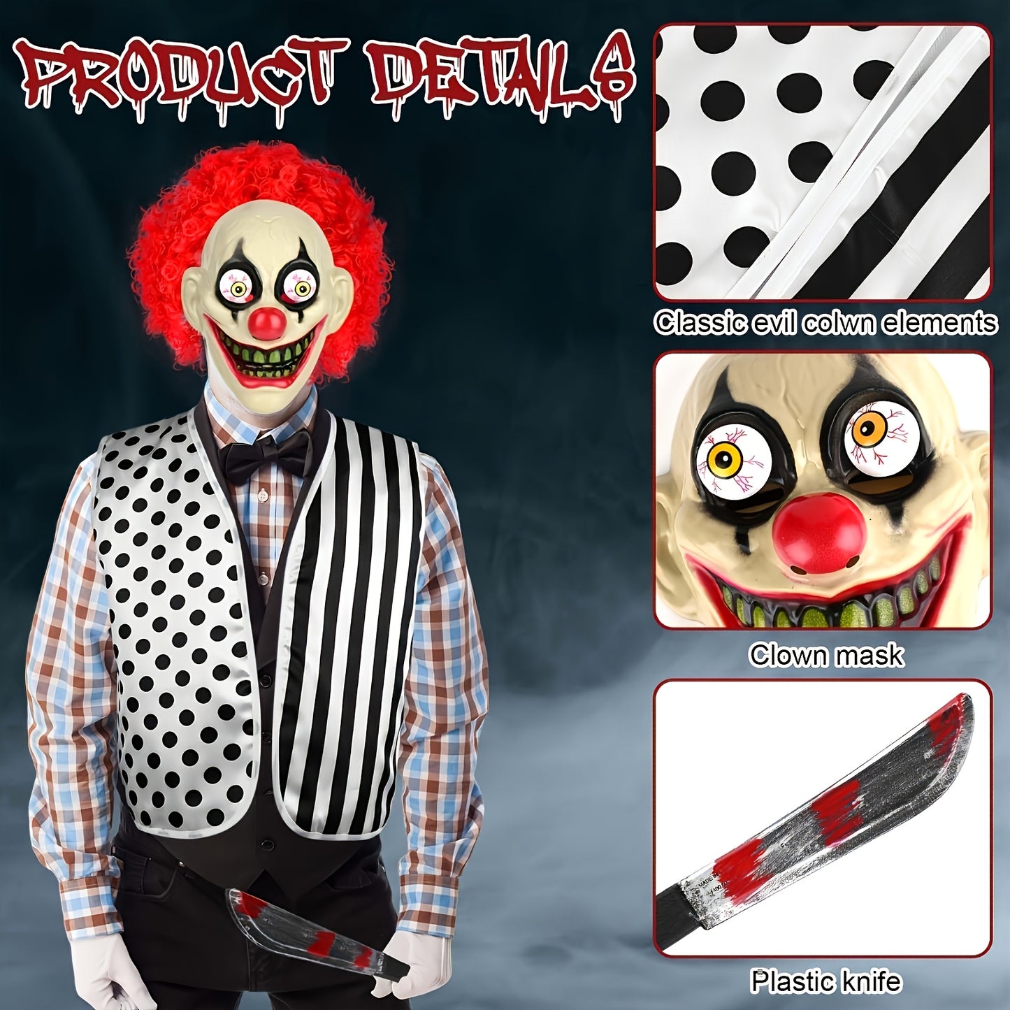 [6pcs Scary Clown Set] 6pcs Scary Clown Costume Accessories Set for Adult - Halloween Wig, Mask, Bloody Machete Prop, Gloves, Striped Vest & Shoes | Scary Circus Outfit Party Props