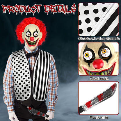 [6pcs Scary Clown Set] 6pcs Scary Clown Costume Accessories Set for Adult - Halloween Wig, Mask, Bloody Machete Prop, Gloves, Striped Vest & Shoes | Scary Circus Outfit Party Props