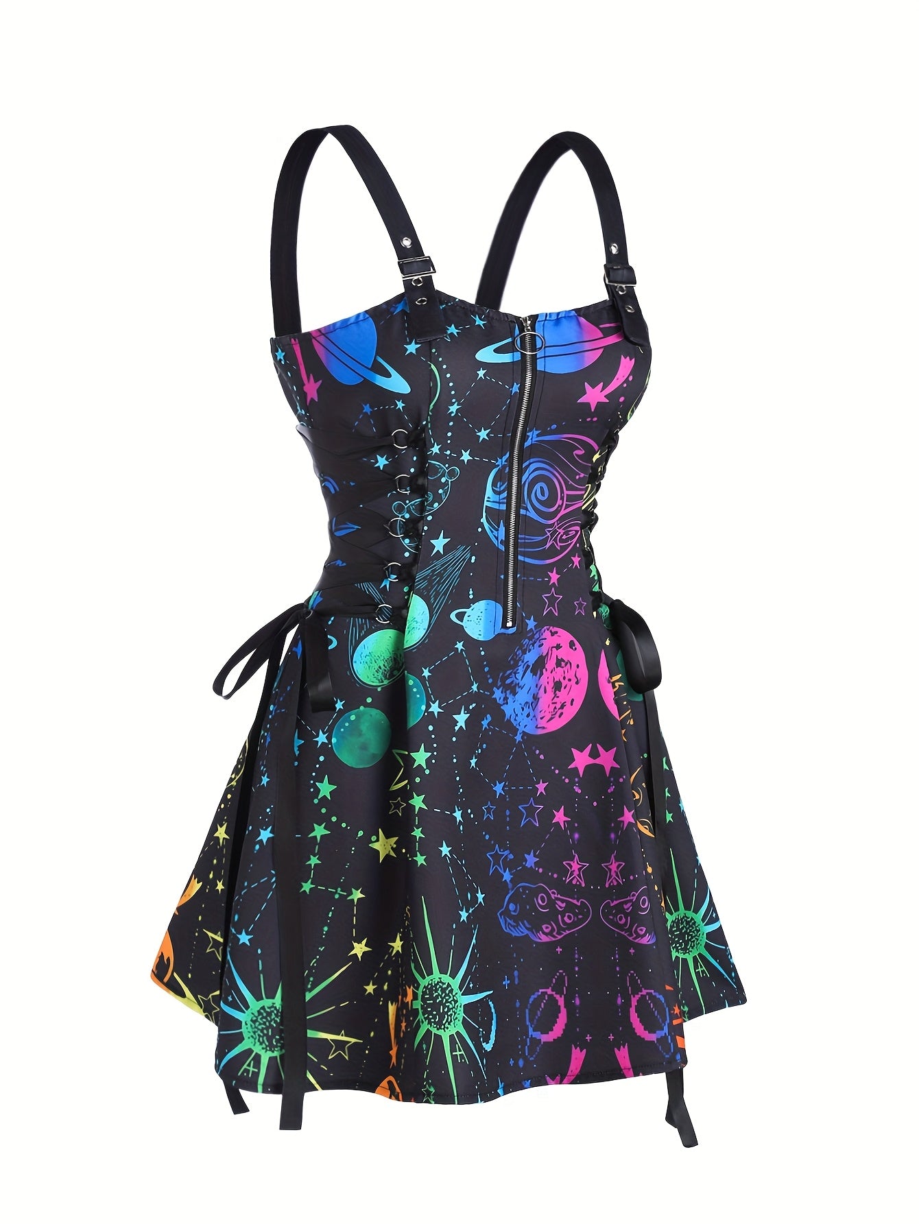Women's Galaxy Print Sleeveless Dress with Adjustable Straps & Zipper Detail - Vibrant Starry Sky Design, Polyester Fabric, Machine Washable, Casual Style for All Seasons, Galaxy Dress