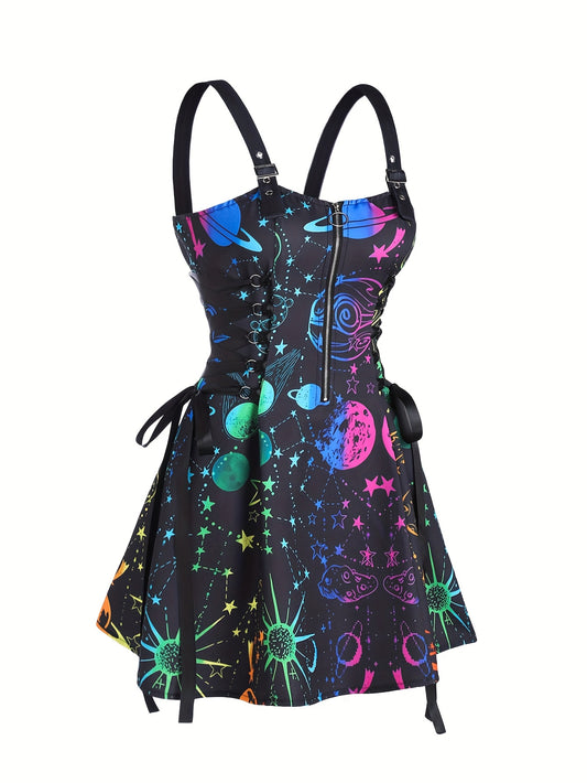 Women's Galaxy Print Sleeveless Dress with Adjustable Straps & Zipper Detail - Vibrant Starry Sky Design, Polyester Fabric, Machine Washable, Casual Style for All Seasons, Galaxy Dress