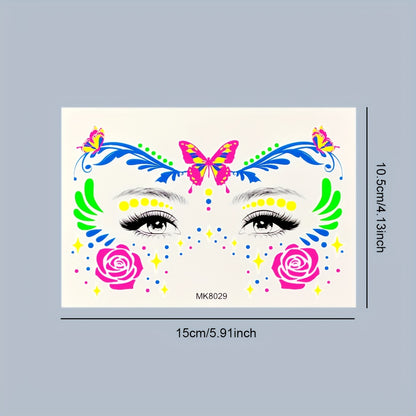 9 Sheets Neon Temporary Tattoos, Blacklight Waterproof Tattoo Stickers, Facial & Body Art Makeup for Night Parties, Music Festivals, and Events, Various Design