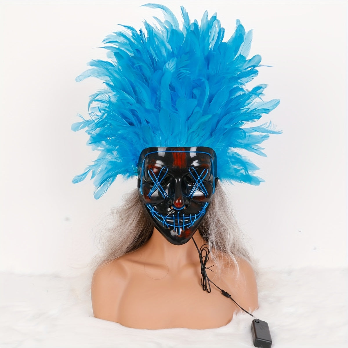 Halloween V-face horror LED luminous mask simulation feather mask EL cold light dress up props party atmosphere supplies