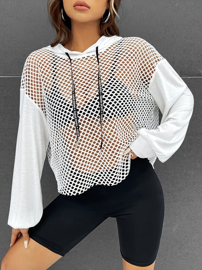 Hollow Out Drawstring Hoodies, Sexy Solid Long Sleeve Sweatshirt, Women's Clothing