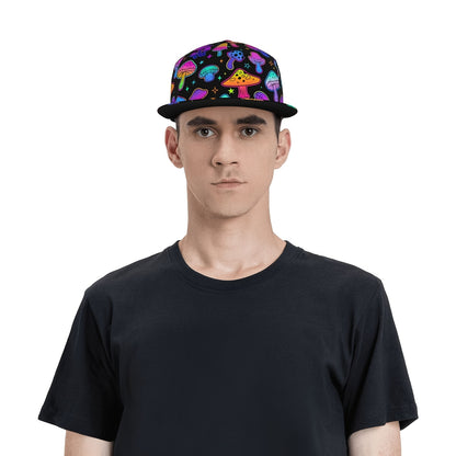 Vibrant Neon Mushroom Snapback Cap - Adjustable Flat Brim Hat, Hip-Hop Street Style, Colorful Design with Glowing Stars & Mushrooms, Perfect Gift for Men, Women, and Teens, Casual Headwear | Playful Design | Lightweight Hat,