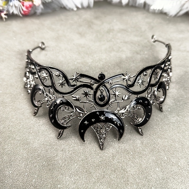 Adjustable Black Gothic Moon Crown Tiara - Celestial Resin Headpiece with Crescent Moon & Star Design for Halloween, Cosplay, and Night Parties, Halloween Costumes