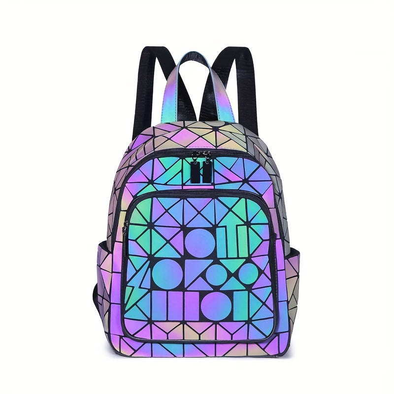 FOUPOOM Women's Geometric Iridescent Backpack - Color-Shifting Reflective PVC Bag with Adjustable Straps & Multiple Pockets, Casual Daypack for Teens,, Birthdays, Backpack for, Student Essentials, Trendy Design, Practical Poc