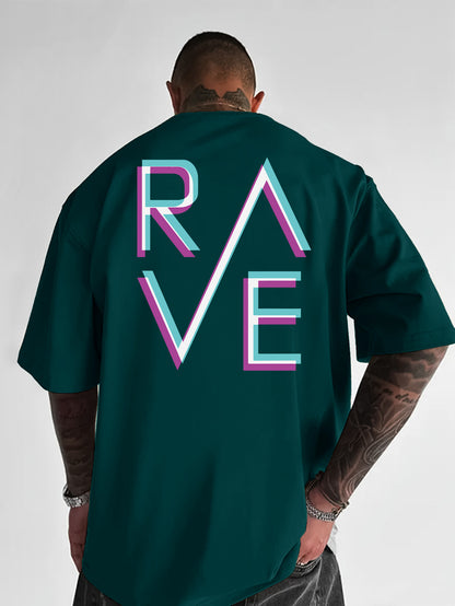 Men'S Casual Loose Fit Crew Neck T-Shirt with "RAVE" Graphic Print - Vibrant Neon Letter Design, Short Sleeve, Summer Essentials, Perfect Gift for Music Lovers, Everyday Tshirt | Vibrant Graphic Tee | Comfortable Fit, PLUS SI