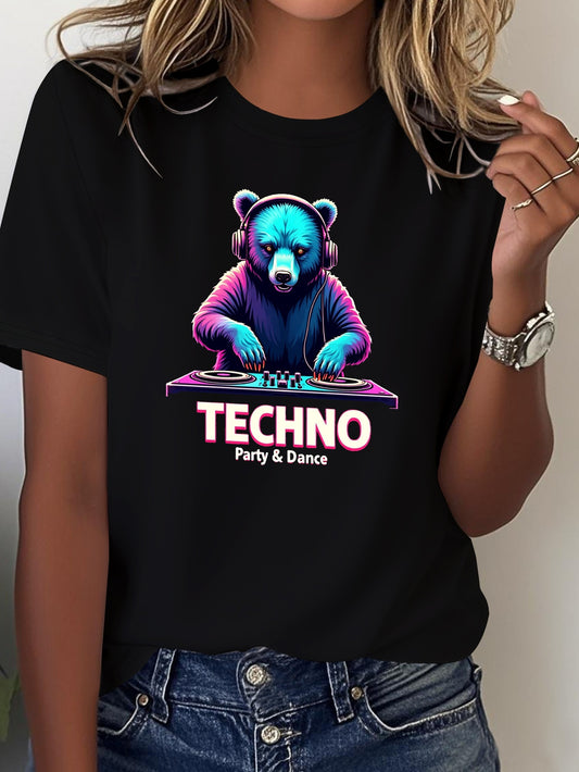 Women's Techno Party Bear DJ Graphic T-Shirt - Dark Grey with Neon Accents - Soft Everyday Tee for Clubbing, Raves & Casual Outfits - Machine Washable Party Shirt, Disco Party Outfit, Rave Clothing, Vibrant Print, Comfortable