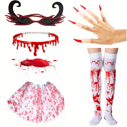 [Vampire Cosplay Set] 2/15pcs/set Halloween Vampire Cosplay Costume Accessories Set | Blood-Dripping Collar, Gloves, Long Stockings - Festival Role-Playing Outfit Decorations, Bat Costume Gift, Party Supplies for Events, Part